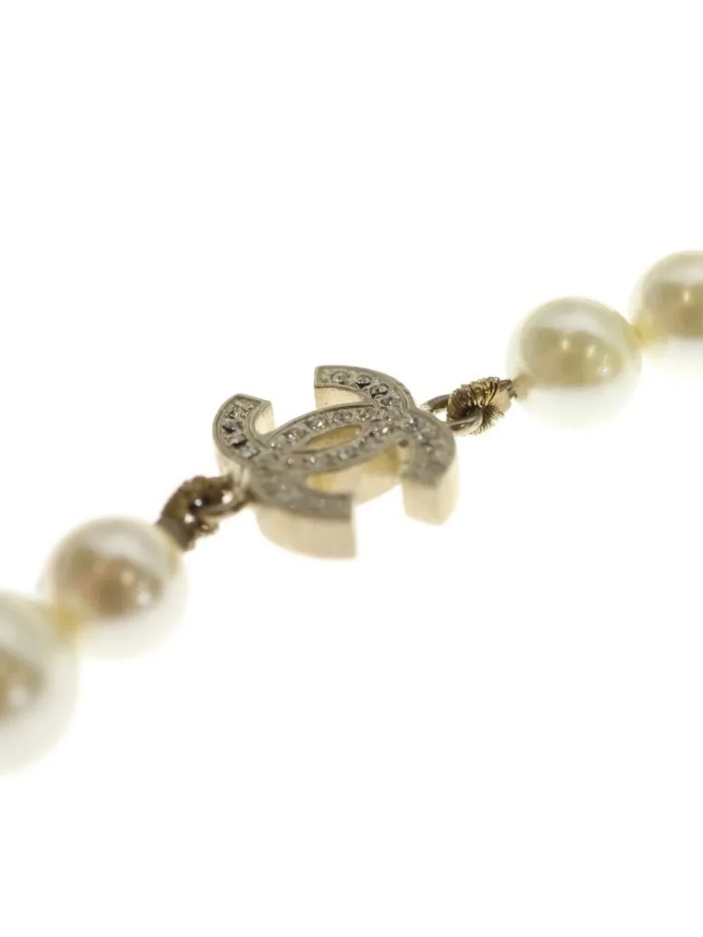Chanel CC Logo Rhinestone Faux Pearl Long Necklace White Gold